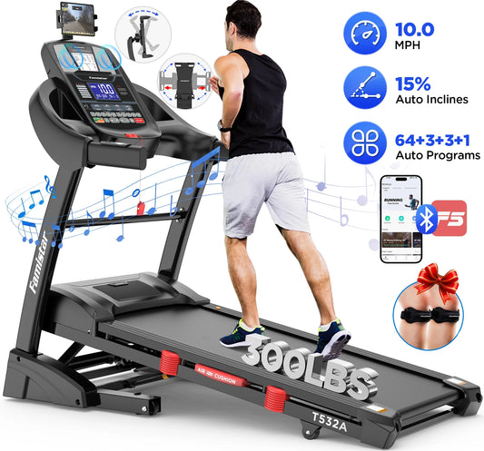 4.5HP Folding Treadmill for Home with 15 Auto Incline, Smart APP, 300Lbs, Hifi Bluetooth Speakers, 64 Programs, 10MPH Speed, Foldable Eletreadmill Running Machine, Knee Strap Gift